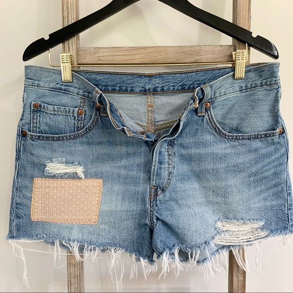 Levi’s 501 Button Fly  Distressed Denim Cutoff Jean Short Patchwork Size… - Picture 2 of 13